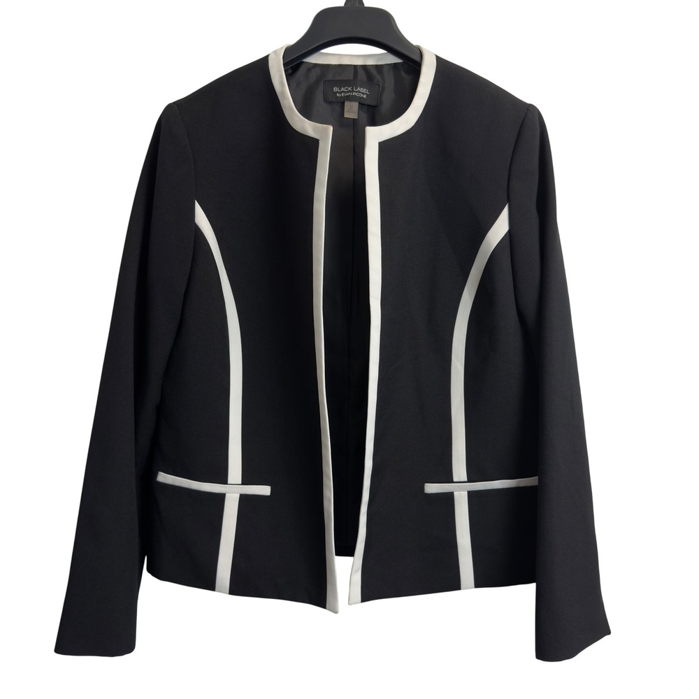 Black Label by Evan-Picone Women Black White Contrast Piping Open Blazer Size 12